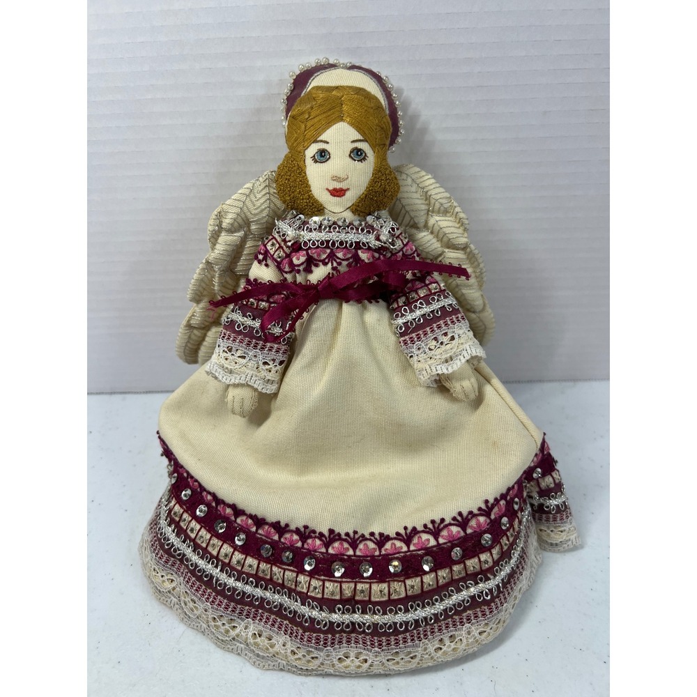 Vintage Handmade Embroidered Christmas Angel Tree Topper Sequin Lace Cream 10in